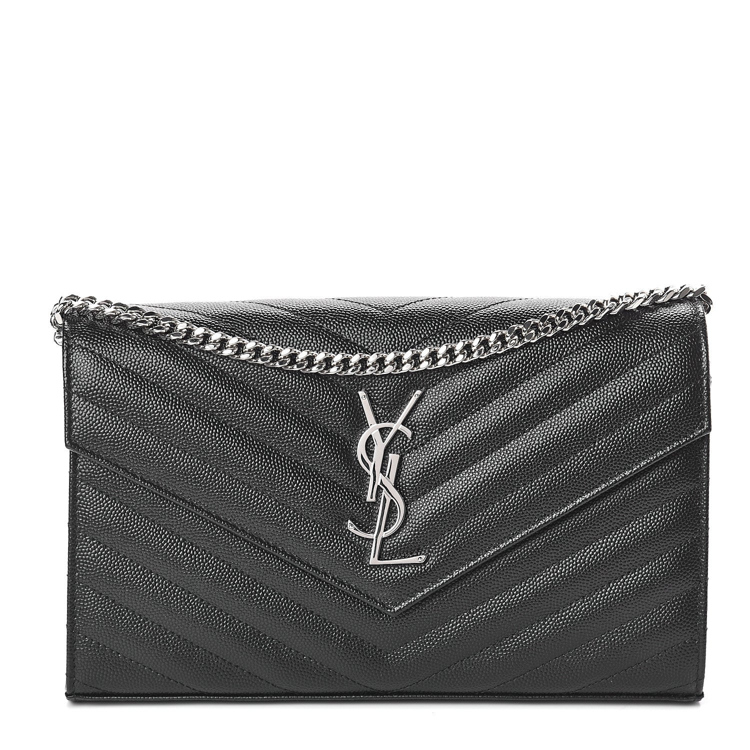 Saint Laurent Grain De Poudre Matelasse Chevron Monogram Chain Wallet Black 1 of 8