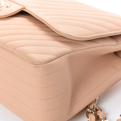 Chanel Caviar Chevron Quilted Jumbo Double Flap Beige 10 of 13