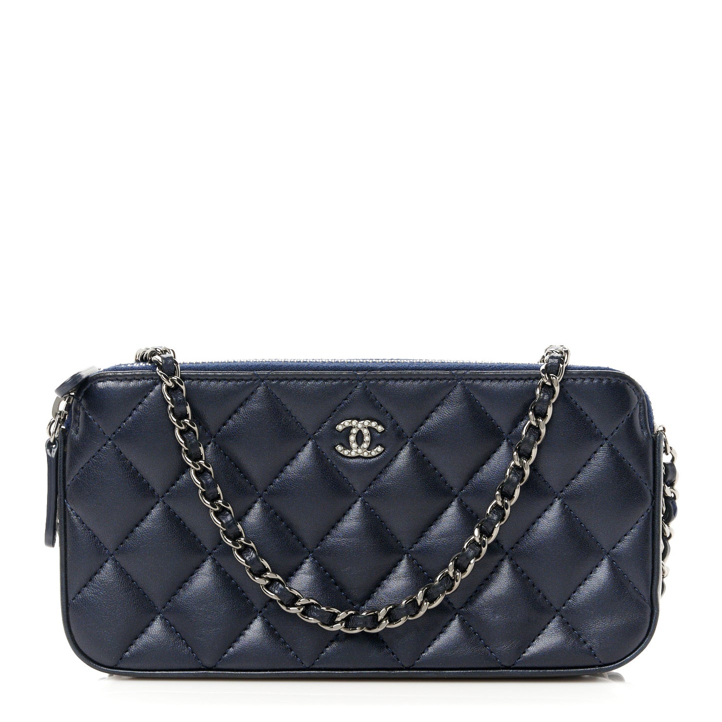 Lambskin Quilted Small Clutch With Pearl Chain Navy Blue
