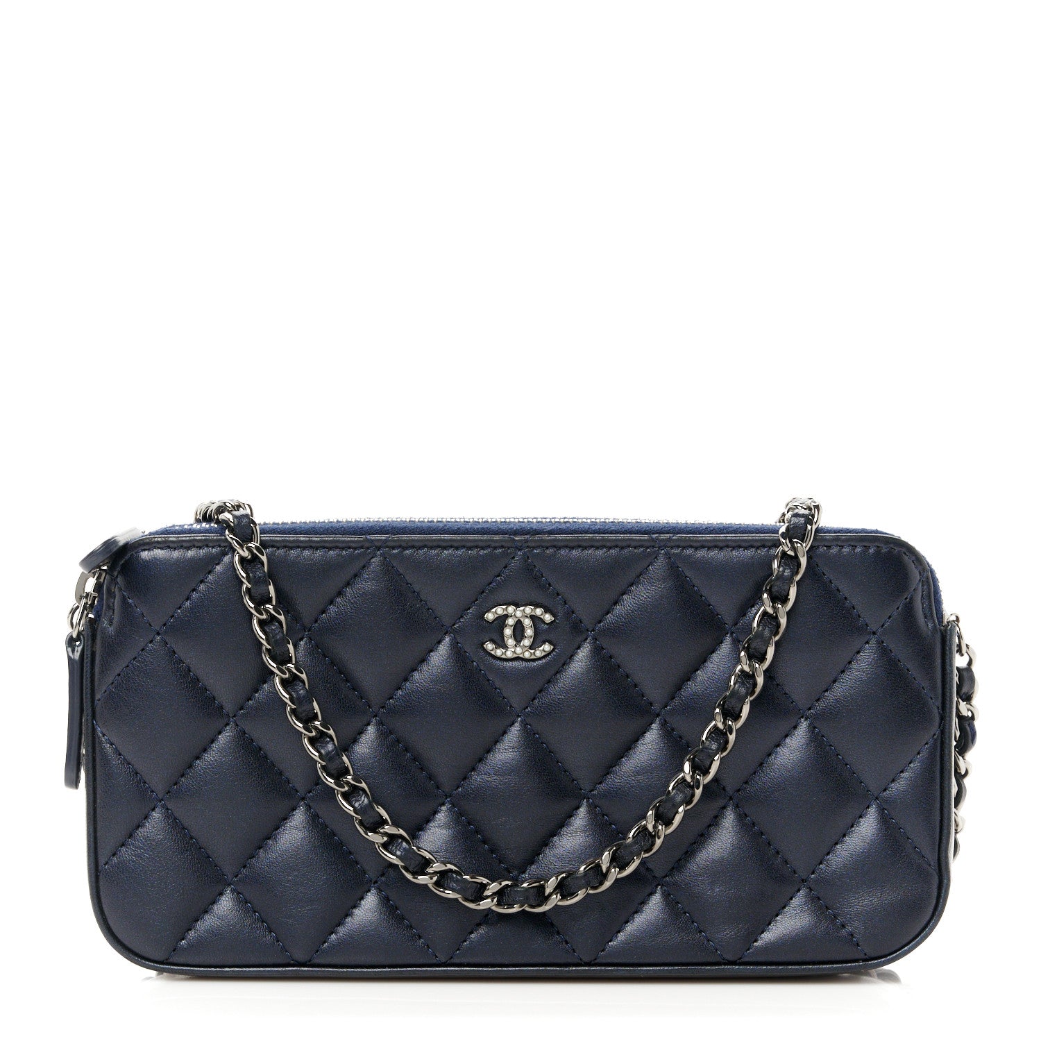 Chanel Lambskin Quilted Small Clutch With Pearl Chain Navy Blue 1 of 13