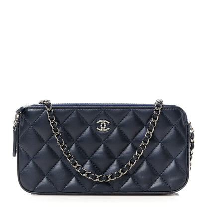 Chanel Lambskin Quilted Small Clutch With Pearl Chain Navy Blue 1 of 13