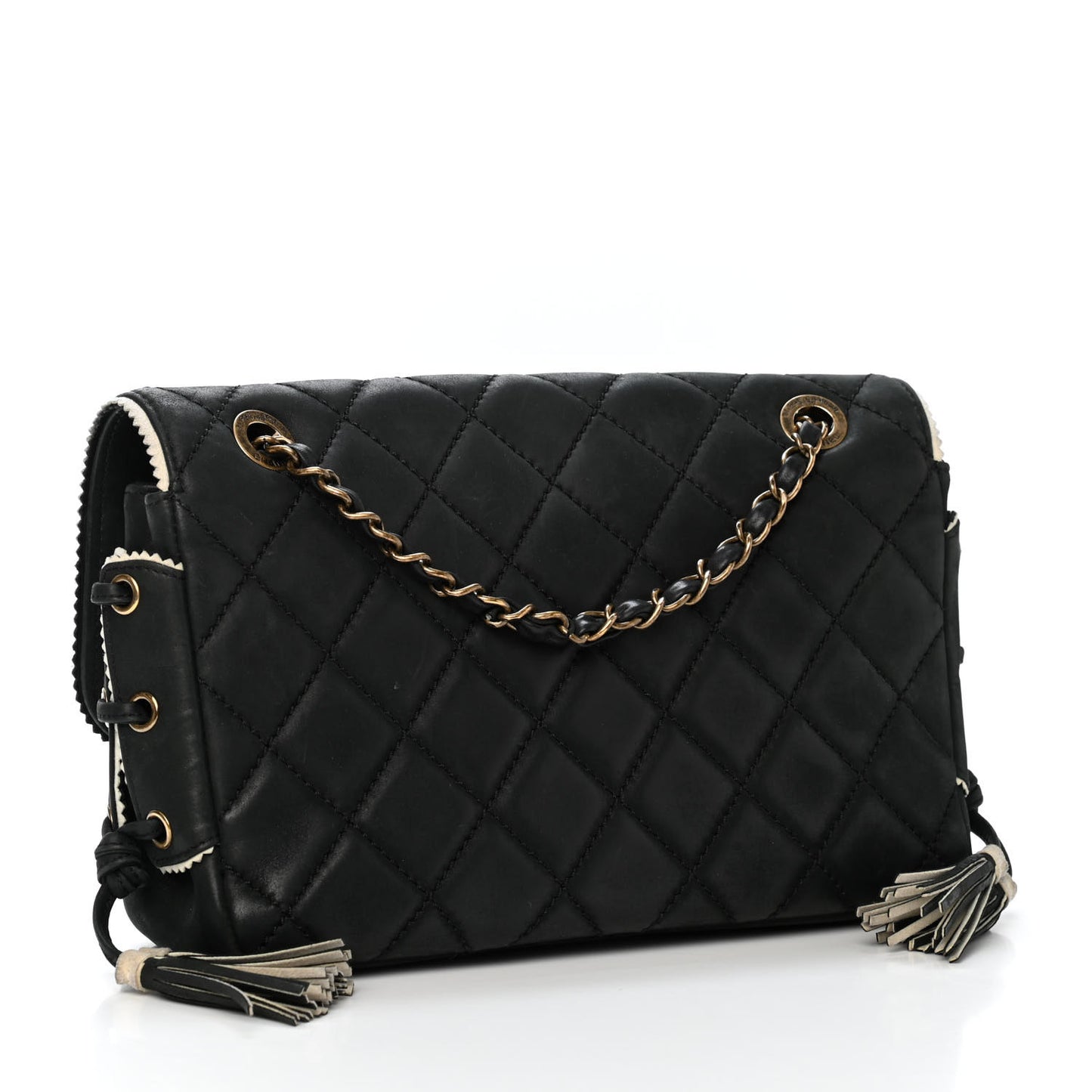 Iridescent Calfskin Quilted Lace Up Flap Black
