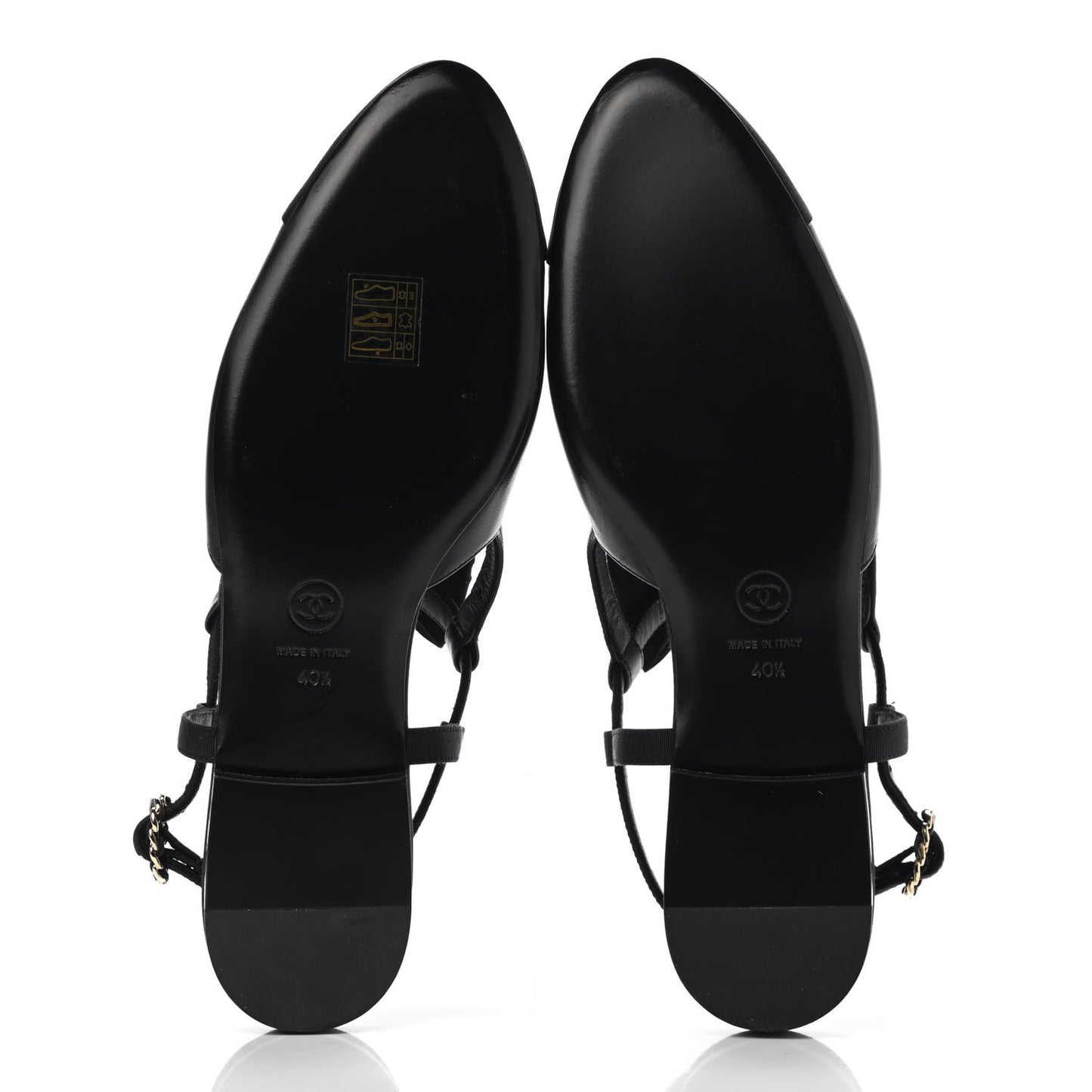 Lambskin Grosgrain Crystal Chain CC Logo Bow Slingback Flats 40.5 Black