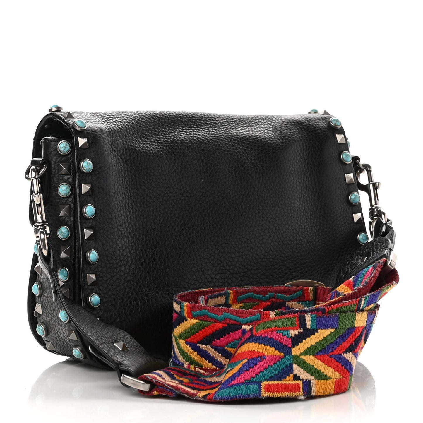 Pebbled Calfskin Medium Guitar Strap Rockstud Rolling Flap Saddle Bag Black