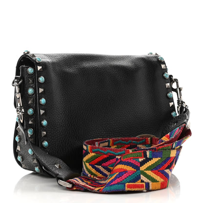 Valentino Garavani Pebbled Calfskin Medium Guitar Strap Rockstud Rolling Flap Saddle Bag Black 2 of 12