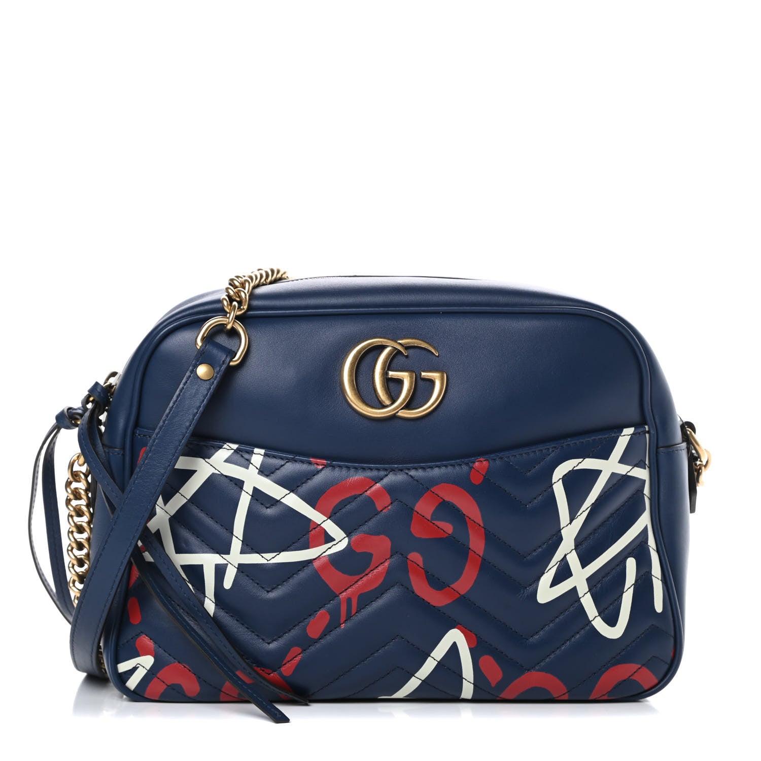 Gucci Calfskin Matelasse GucciGhost Medium GG Marmont Chain Shoulder Bag Blue Agata Hibiscus Red 1 of 14