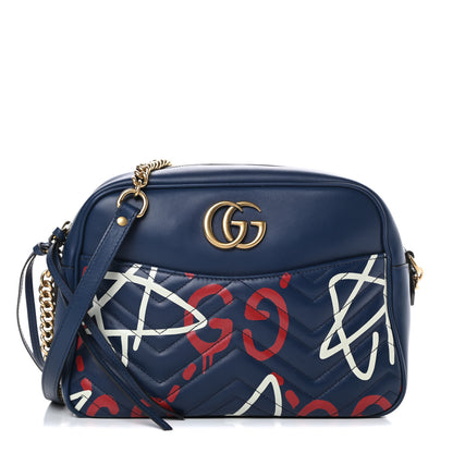 Gucci Calfskin Matelasse GucciGhost Medium GG Marmont Chain Shoulder Bag Blue Agata Hibiscus Red 1 of 14