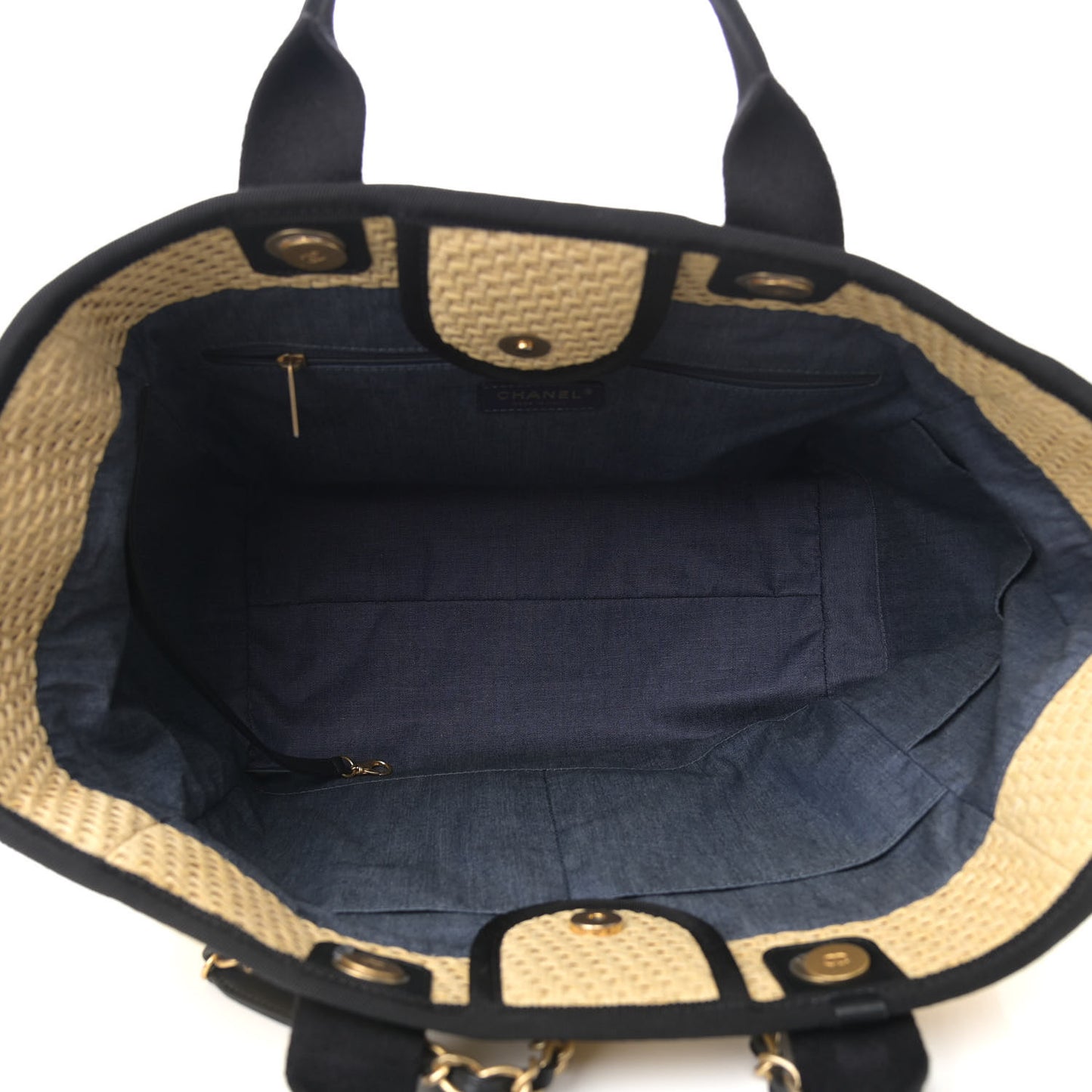 Straw Raffia Calfskin Chain Medium Deauville Tote Beige Black