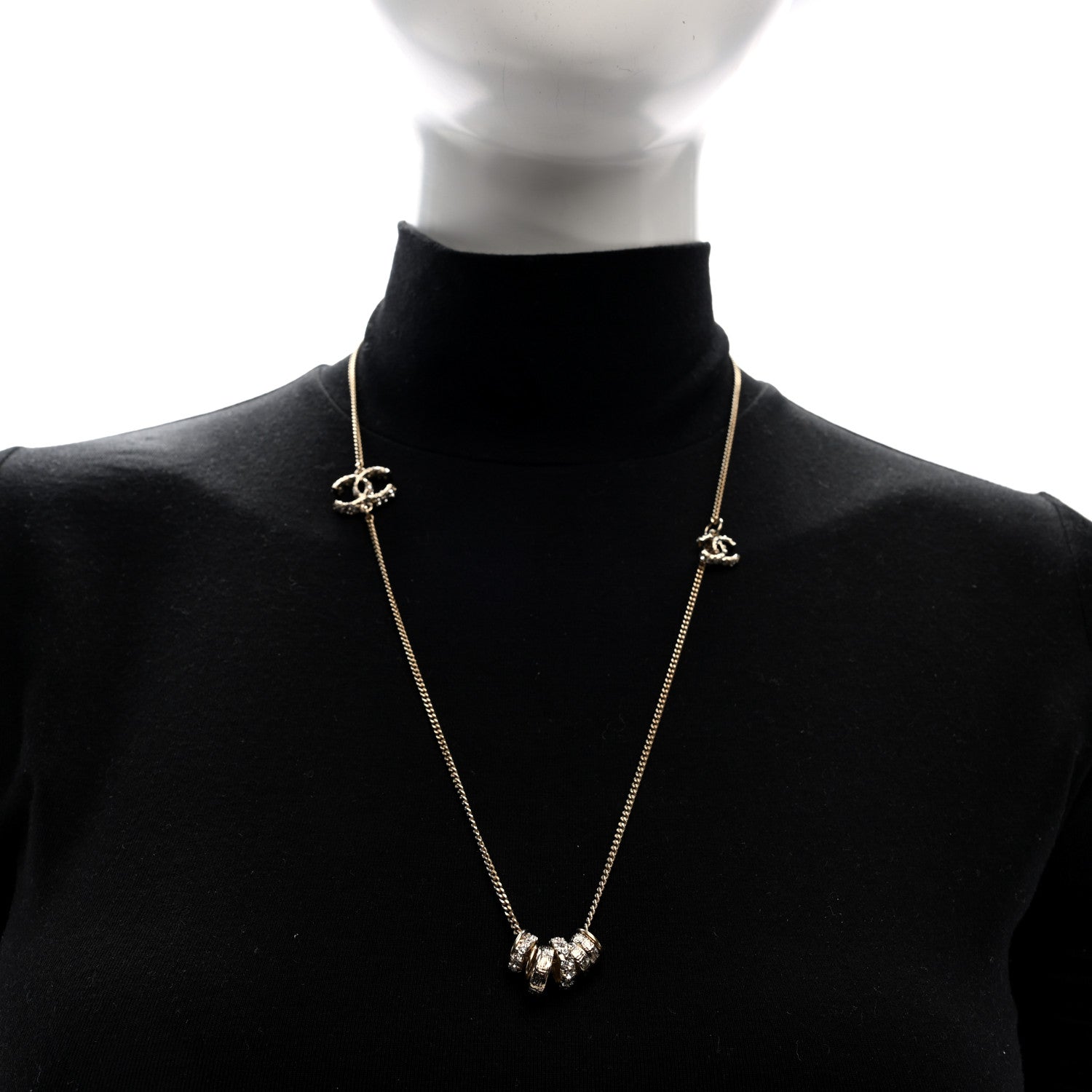 Chanel Pearl Crystal CC Rings Necklace Gold 2 of 4