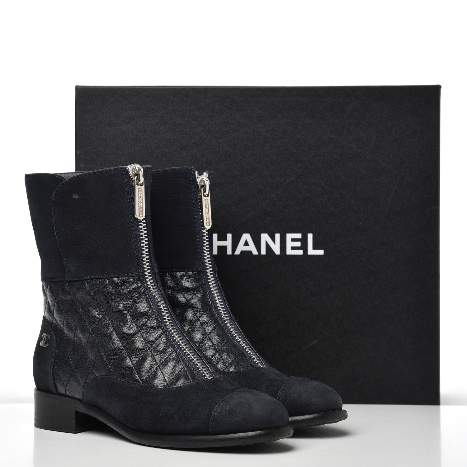Chanel Suede Goatskin Fantasy Quilted Short Boots 37.5 Navy 20 of 20