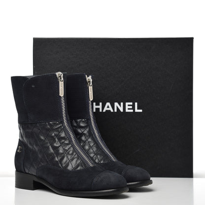 Chanel Suede Goatskin Fantasy Quilted Short Boots 37.5 Navy 20 of 20