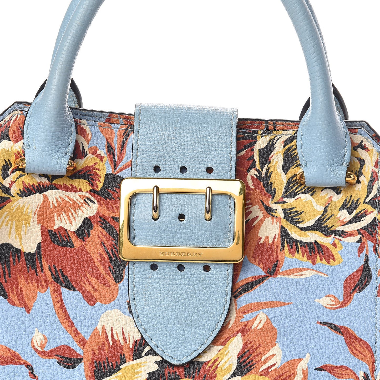 Soft Grain Calfskin Floral Print Small Buckle Tote Peony Rose Pale Blue Vibrant Orange