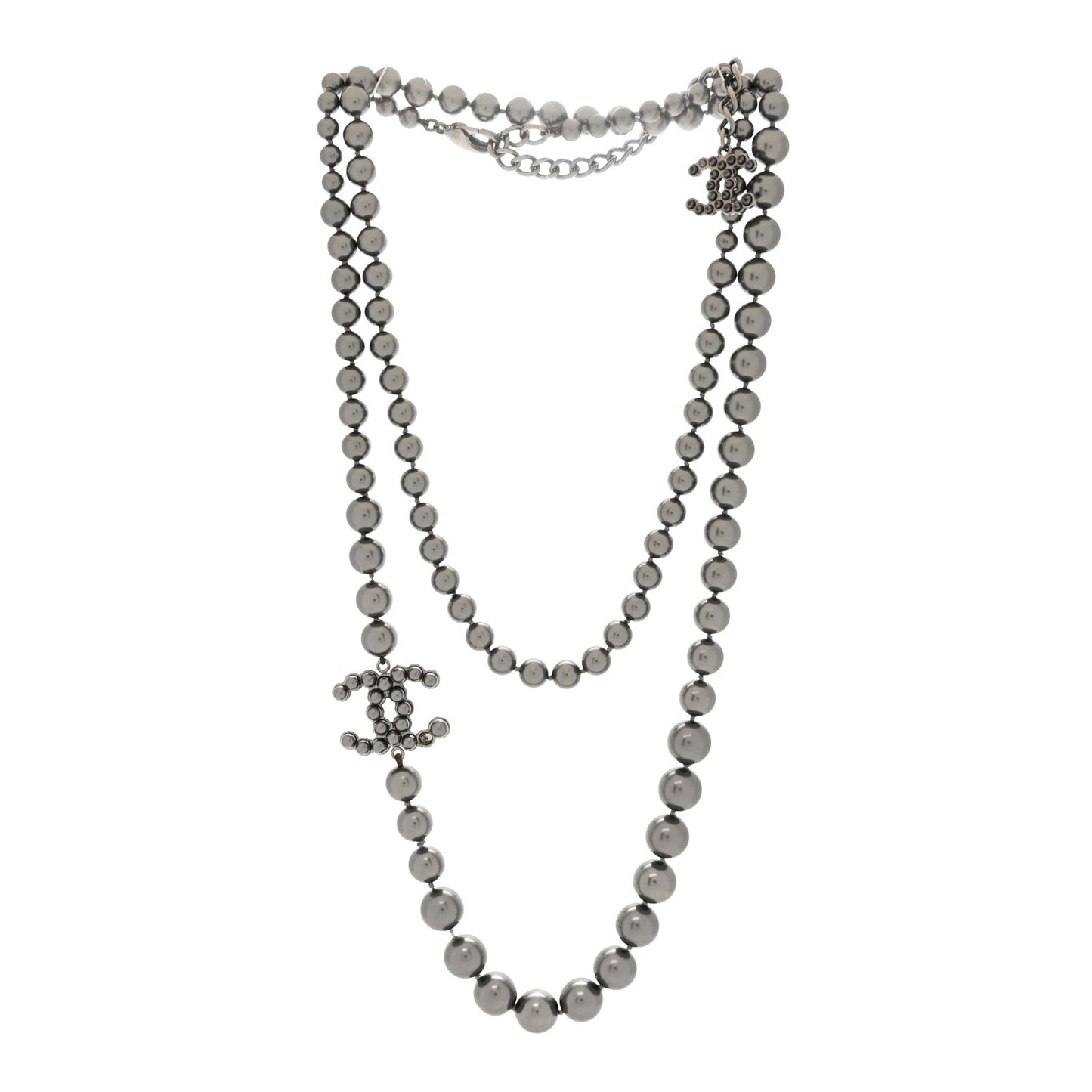 Ruthenium Graduated Pearl CC Long Necklace Dark Grey