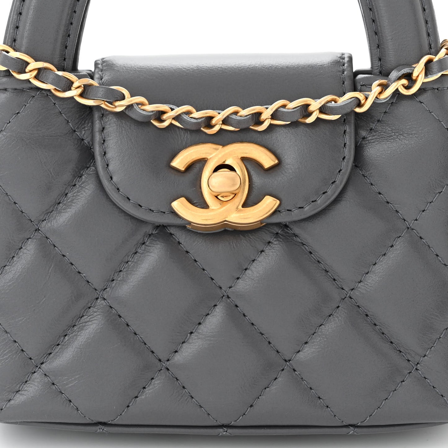Shiny Aged Calfskin Quilted Mini Nano Kelly Shopper Grey