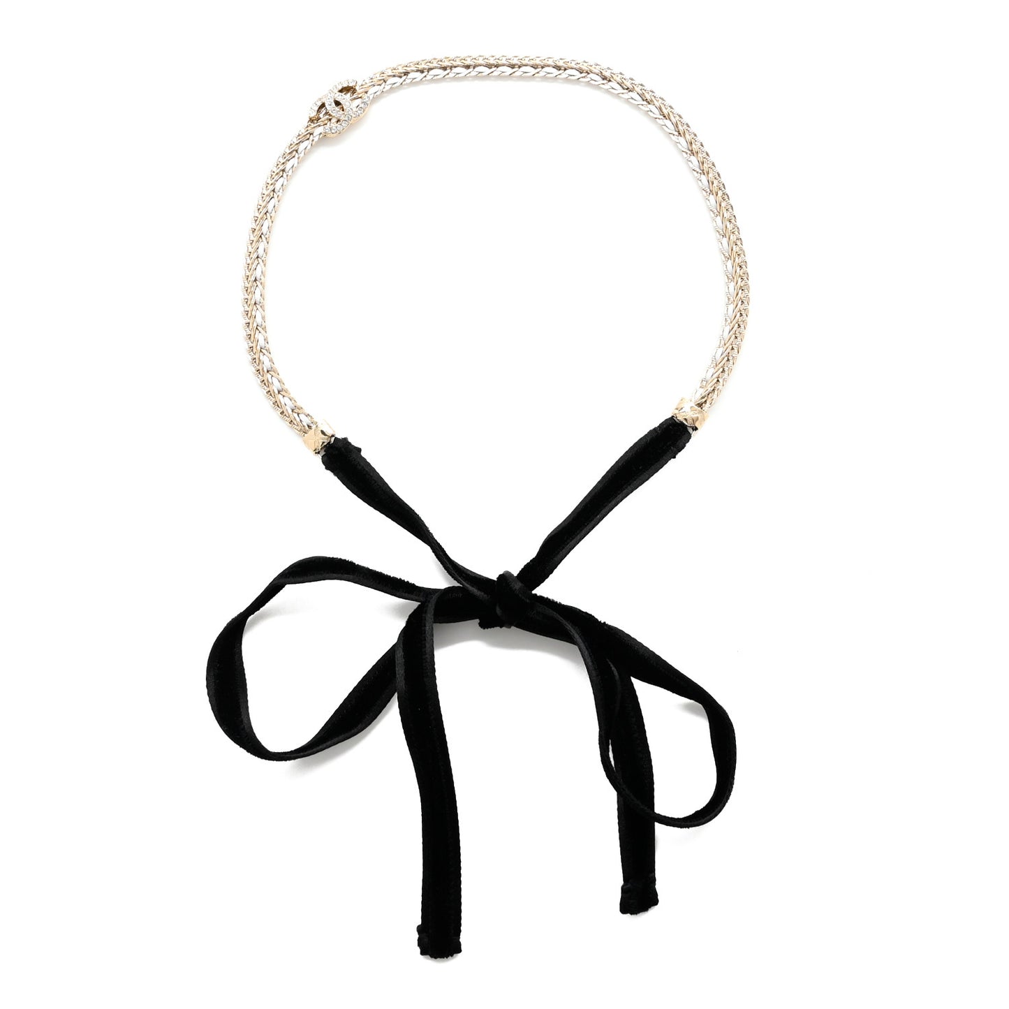 Metal Lambskin Crystal CC Chain Tie Headband Gold White