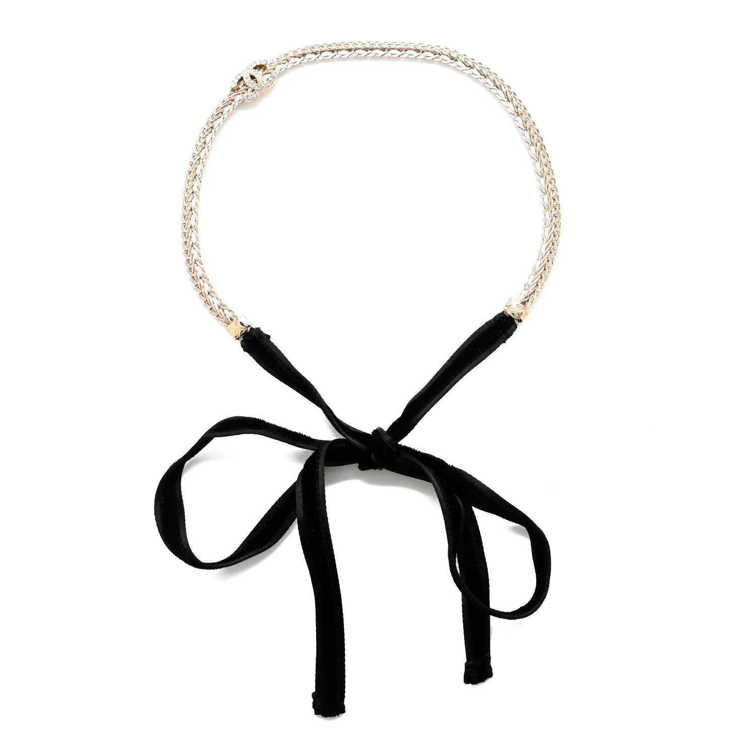 Chanel Metal Lambskin Crystal CC Chain Tie Headband Gold White 1 of 4