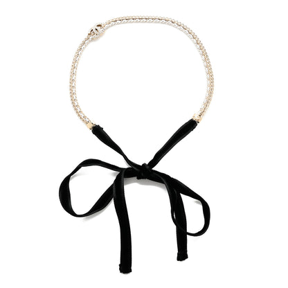 Chanel Metal Lambskin Crystal CC Chain Tie Headband Gold White 1 of 4