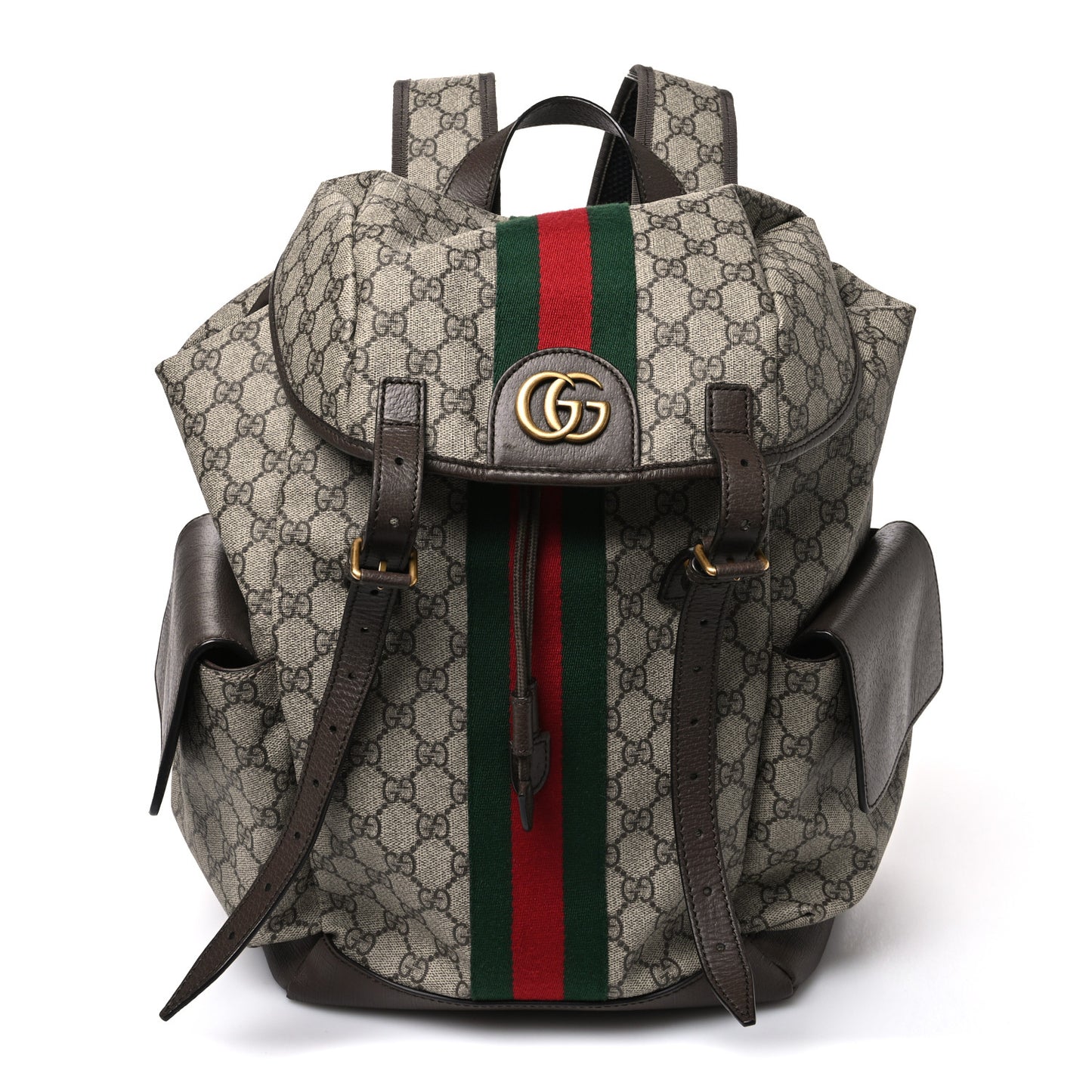 GG Supreme Monogram Medium Ophidia Double Buckle Backpack Brown