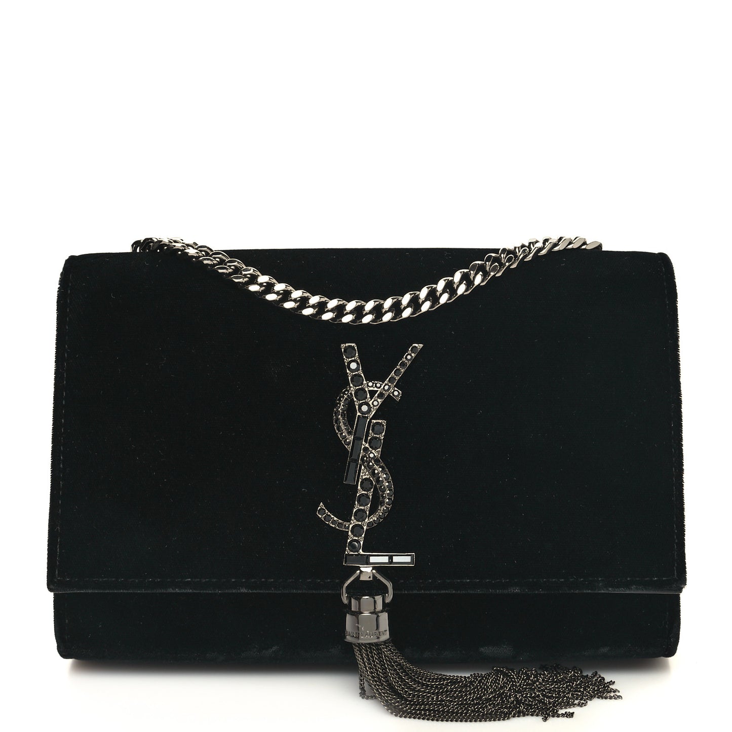 Velvet Crystal Monogram Kate Tassel Chain Wallet Black