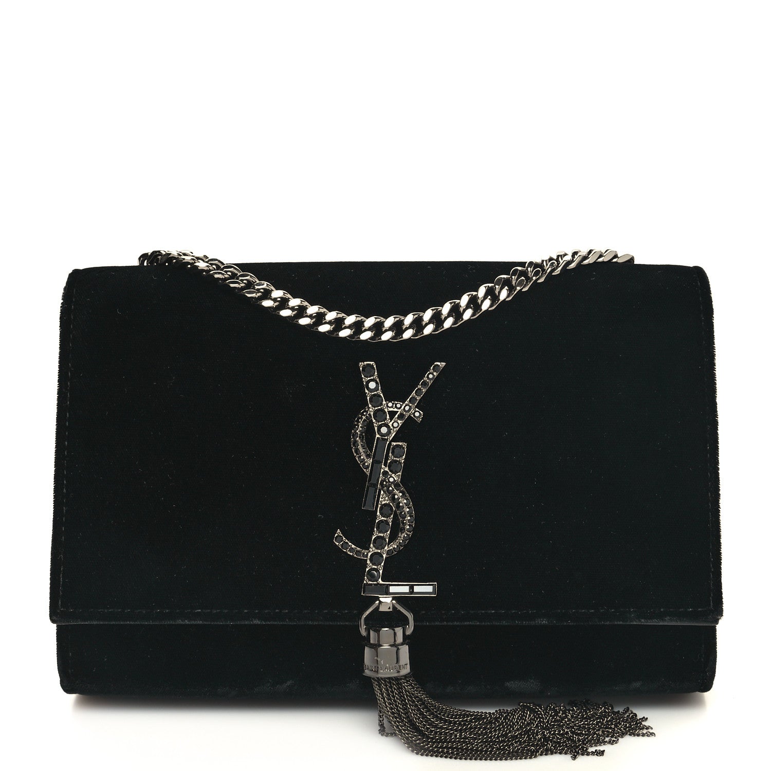 Saint Laurent Velvet Crystal Monogram Kate Tassel Chain Wallet Black 1 of 9