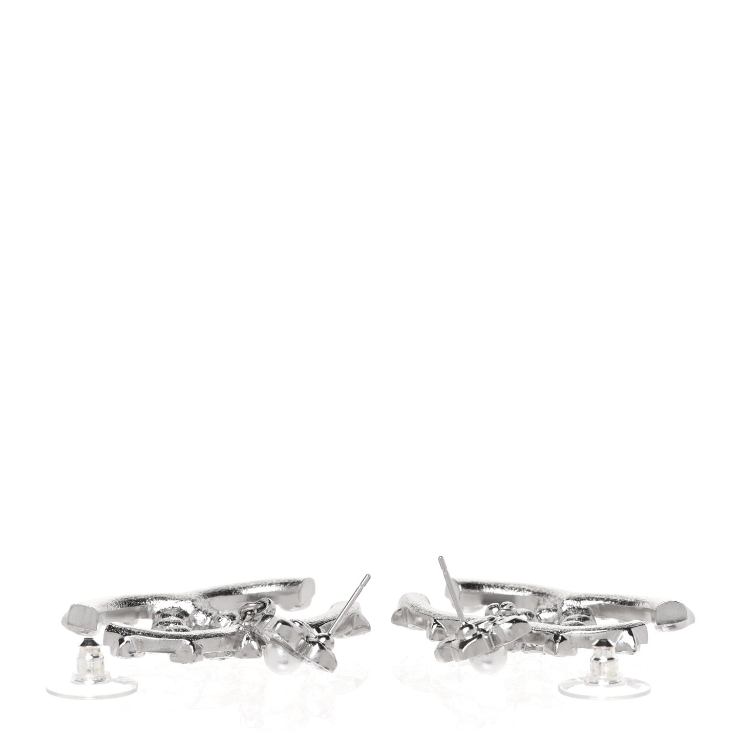 Metal Pearl Crystal CC Flower Drop Earrings Silver