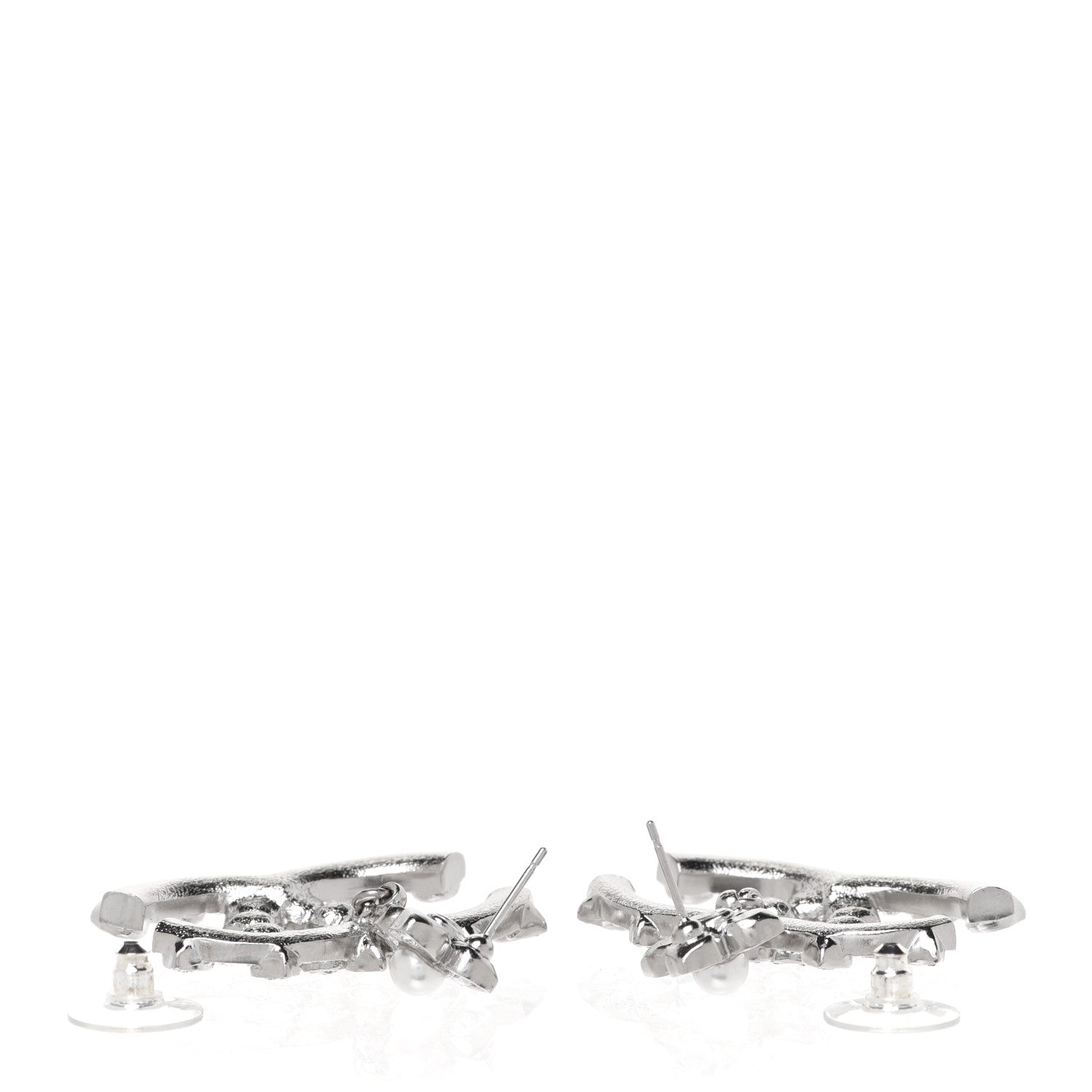 Chanel Metal Pearl Crystal CC Flower Drop Earrings Silver 3 of 5