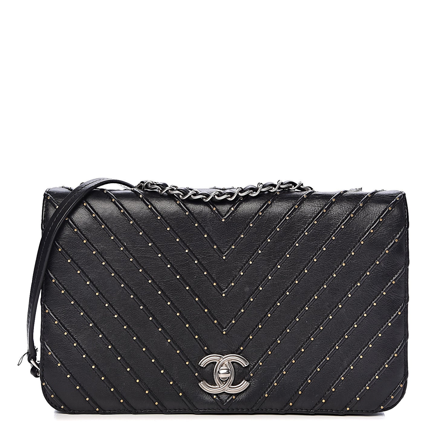 Calfskin Studded Chevron Quilted Flap Black