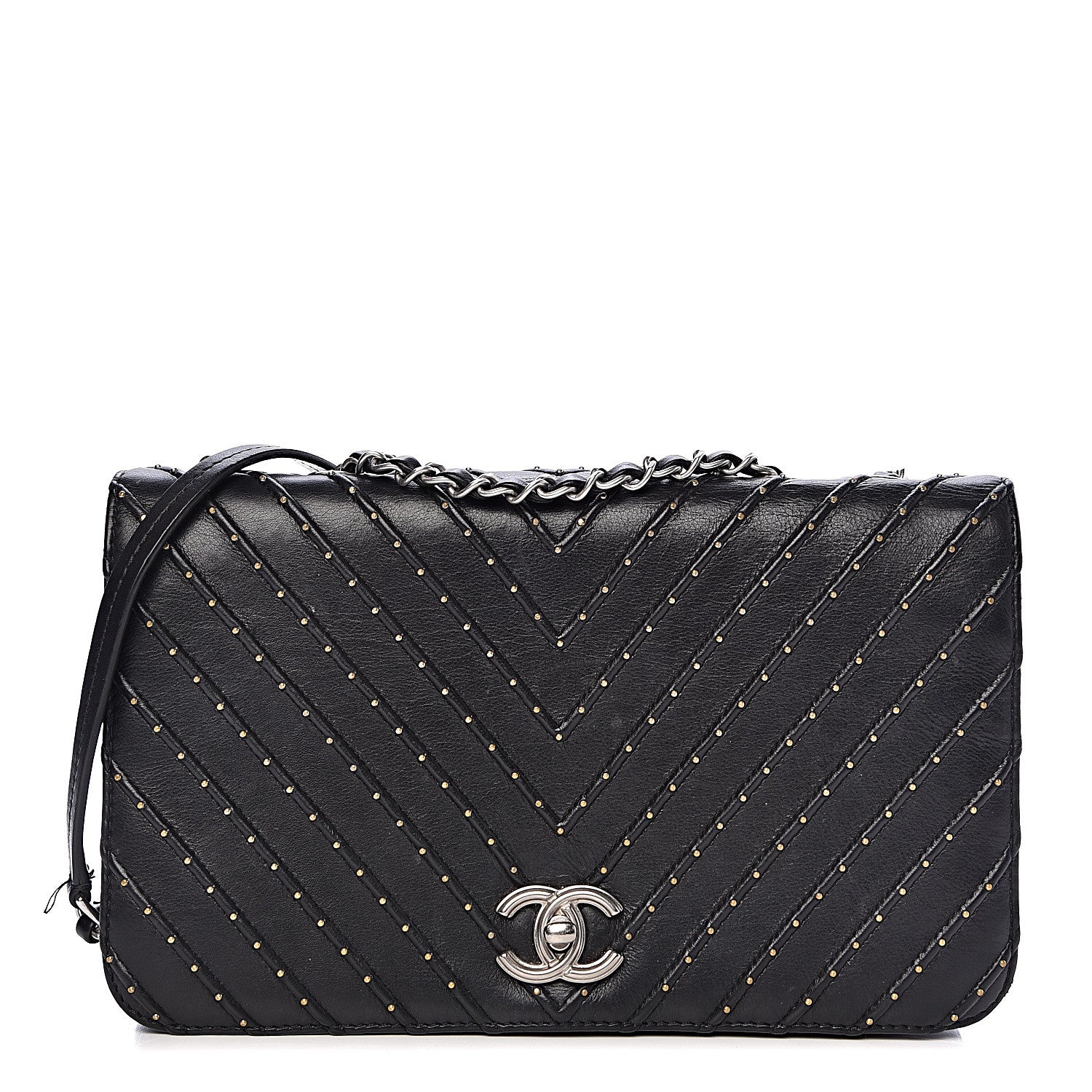 Chanel Calfskin Studded Chevron Quilted Flap Black 1 of 14