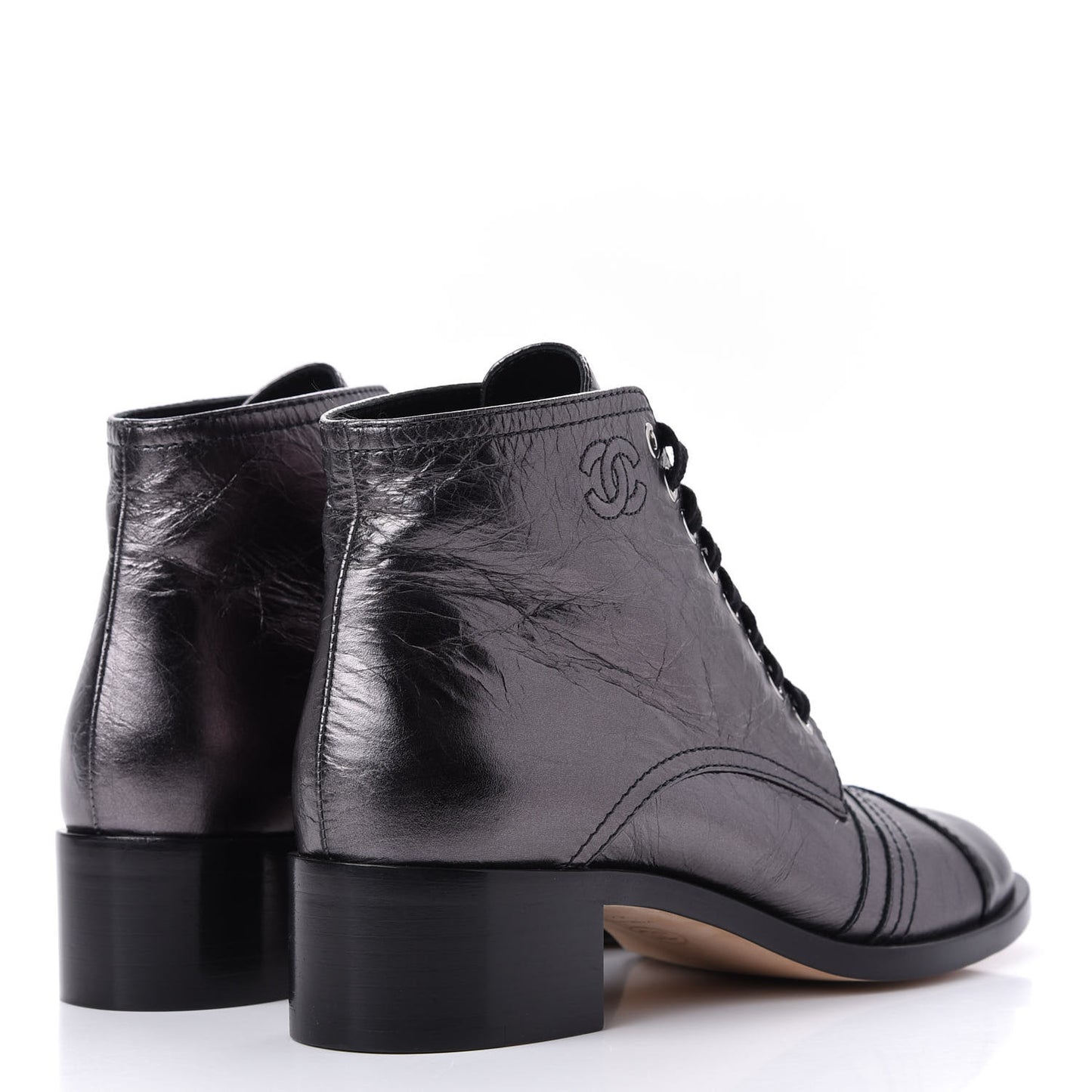 Metallic Calfskin CC Lace Up Boots 38.5 Silver Black