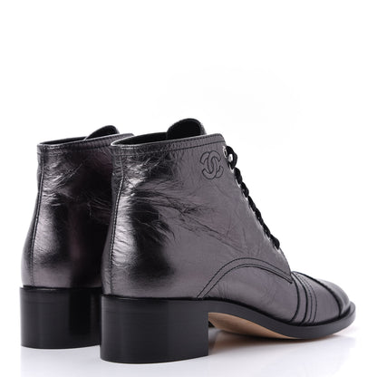 Chanel Metallic Calfskin CC Lace Up Boots 38.5 Silver Black 10 of 12