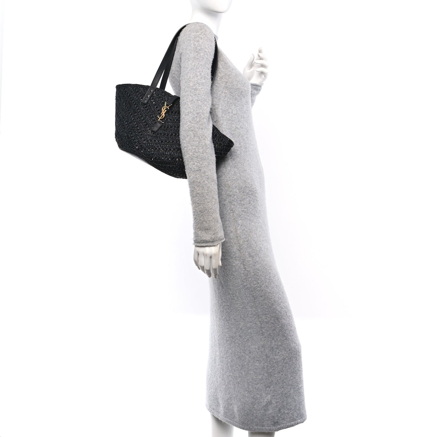 Raffia Calfskin Small Panier Tote Black