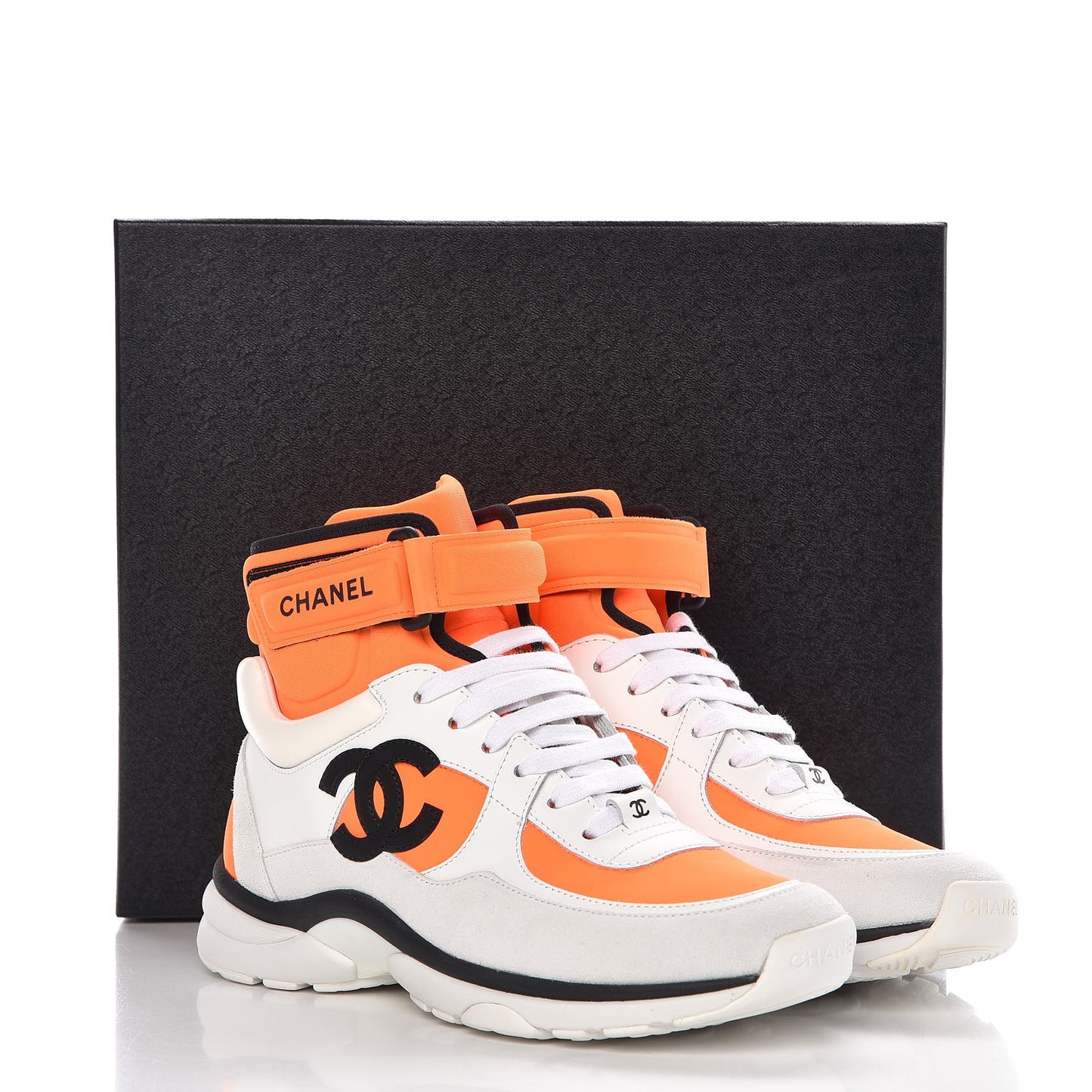 Suede Calfskin Lambskin Neoprene High Top CC Sneakers 37 White Fluo Orange