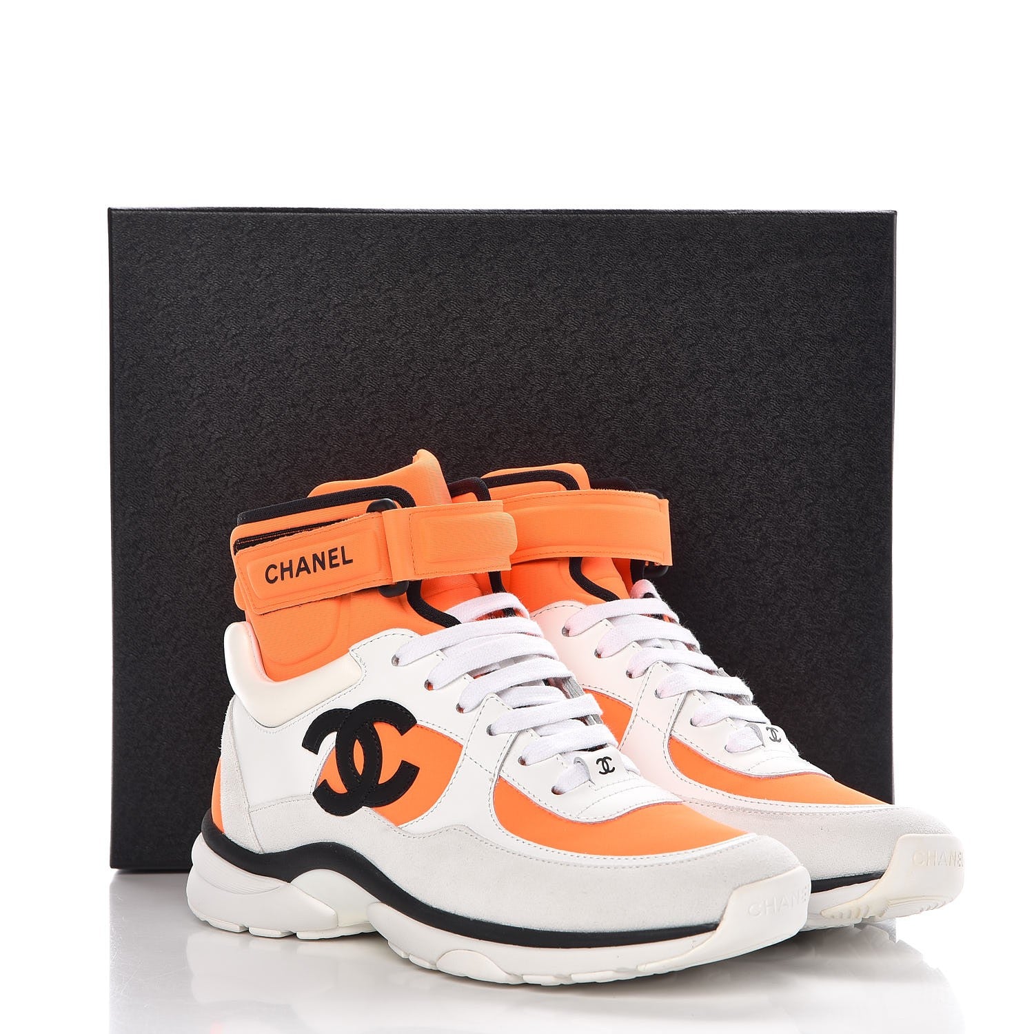 Chanel Suede Calfskin Lambskin Neoprene High Top CC Sneakers 37 White Fluo Orange 12 of 12