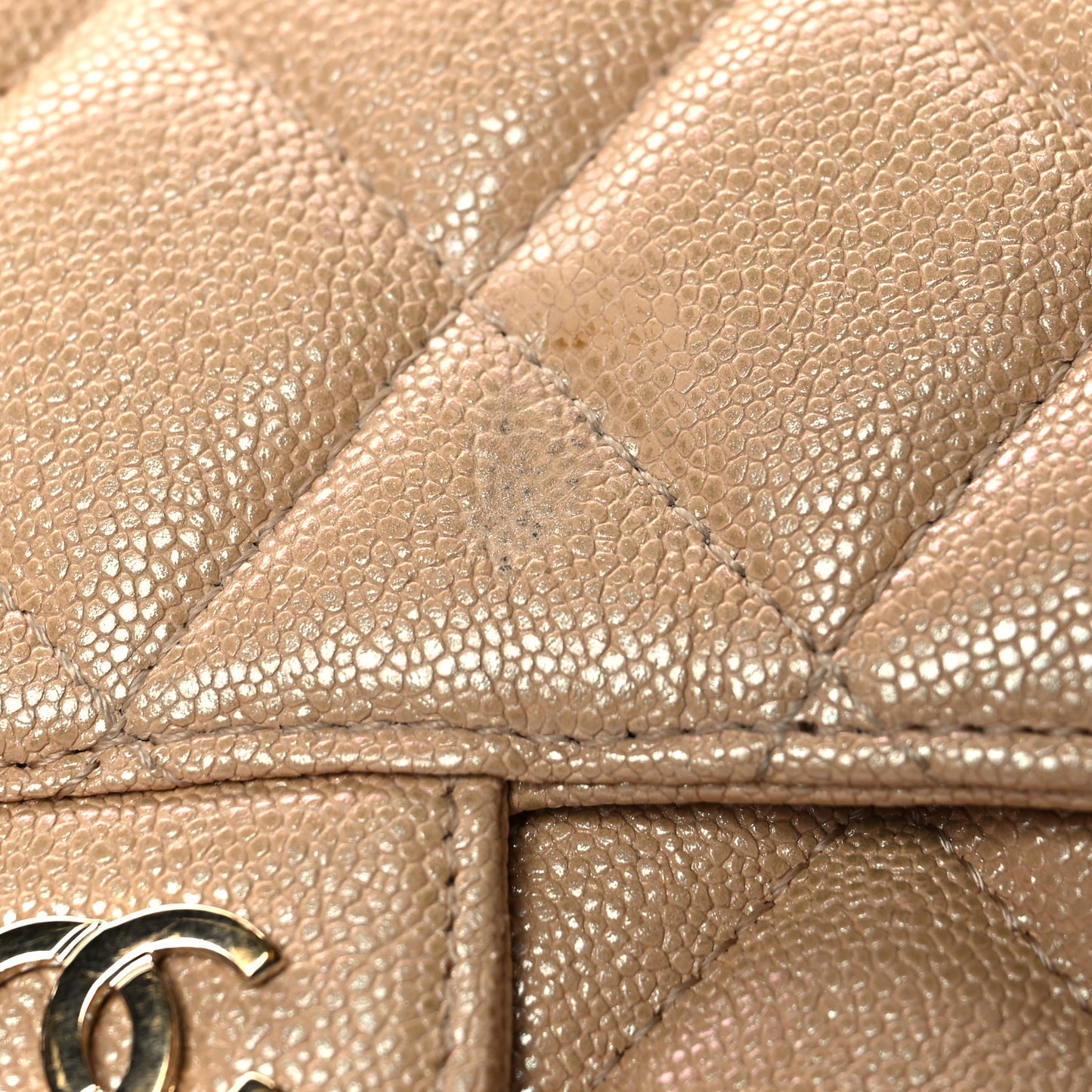 Iridescent Caviar Quilted Long Flap Wallet Beige