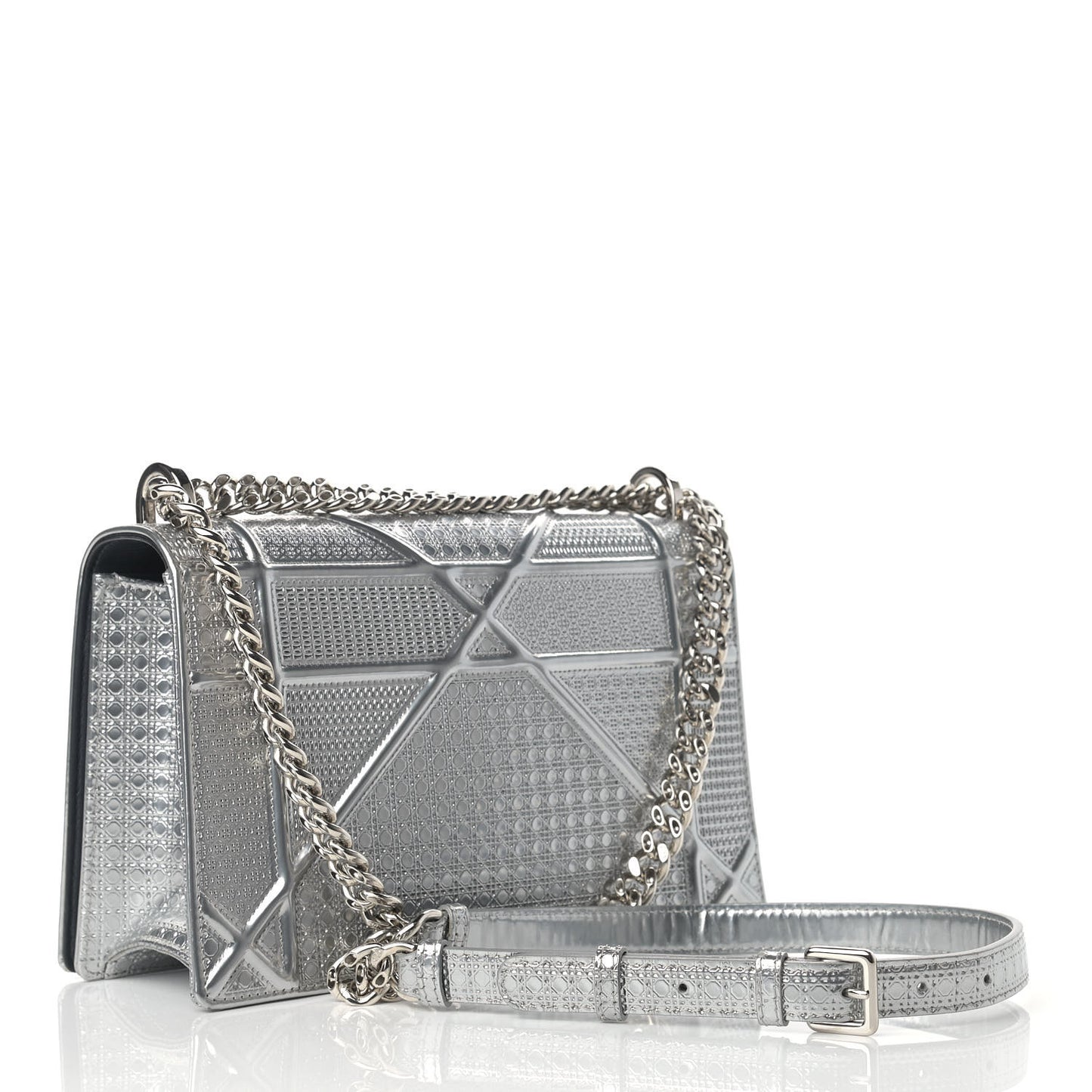 Metallic Patent Micro-Cannage Medium Diorama Flap Bag Silver
