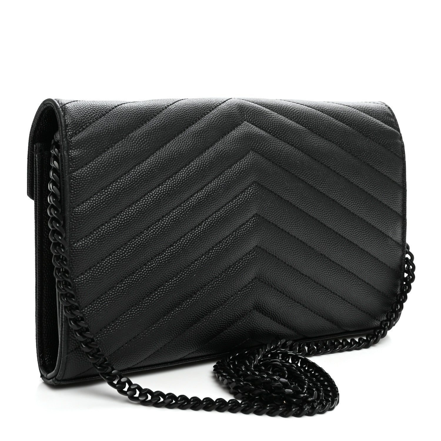 Saint Laurent Grain De Poudre Matelasse Chevron Monogram Monochrome Chain Wallet Black 3 of 10