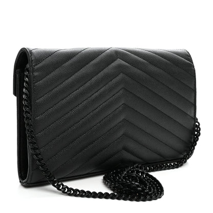 Saint Laurent Grain De Poudre Matelasse Chevron Monogram Monochrome Chain Wallet Black 3 of 10