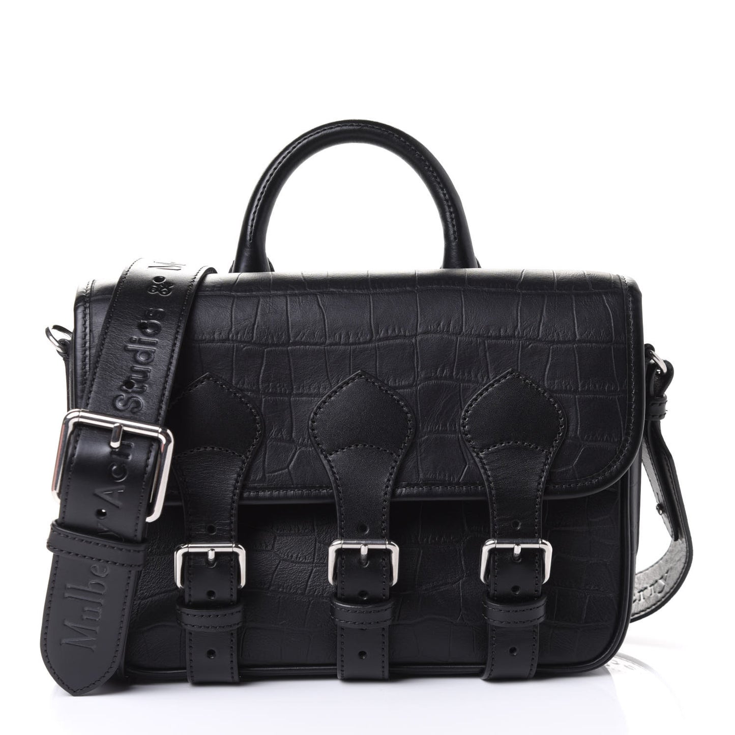 x ACNE STUDIOS Crocodile Embossed Calfskin Messenger Bag Black