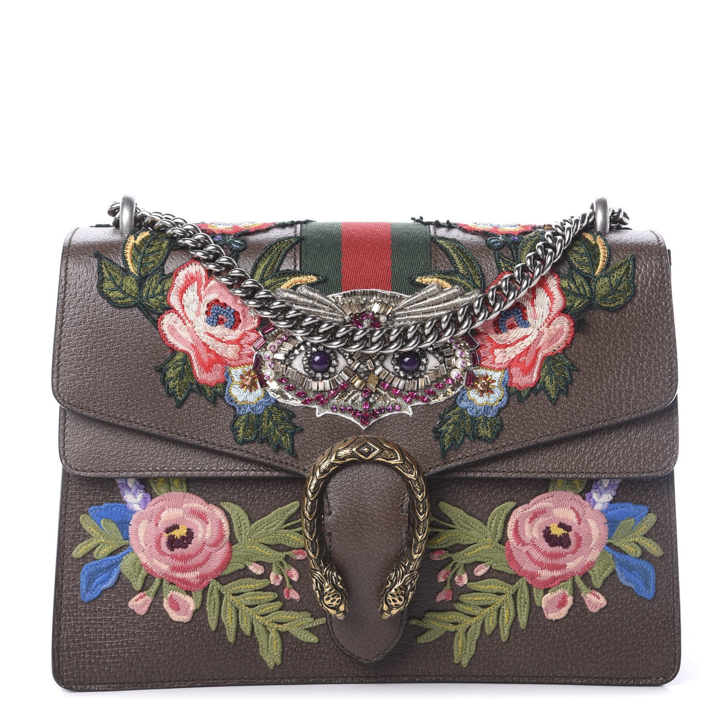 Calfskin Web Owl Embroidered Medium Dionysus Shoulder Bag New Acero Multicolor