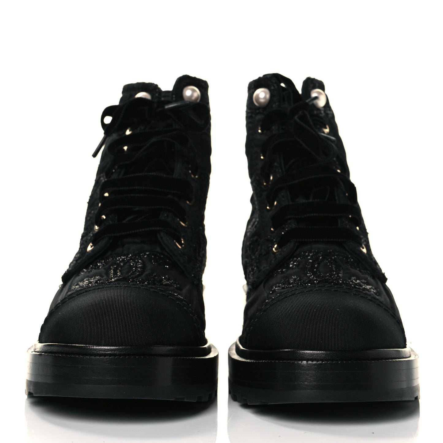 Grosgrain Pearl CC Combat Short Boots 38.5 Black