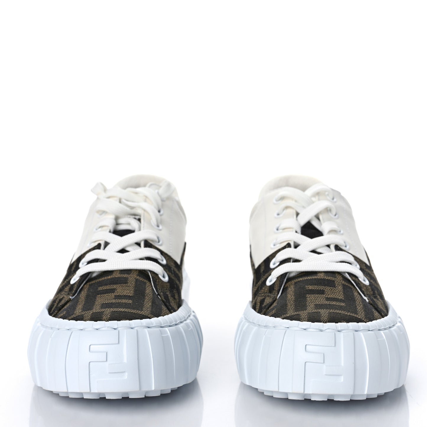 Fabric Jacquard Vitello Technical Fabric FF Womens Fendi Force Low Top Sneakers 38 Tobacco Black Ultrawhite White