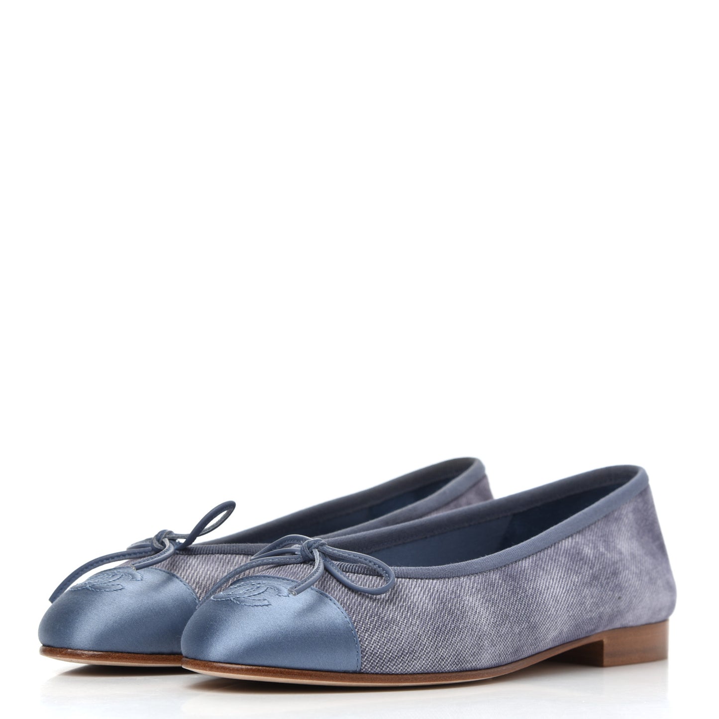 Satin Denim Goatskin CC Cap Toe Ballerina Flats 35 Blue