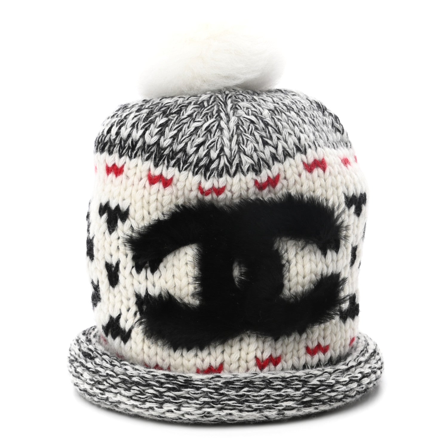 Chanel Wool Shearling CC Beanie Hat Ivory Black Red 7 of 7