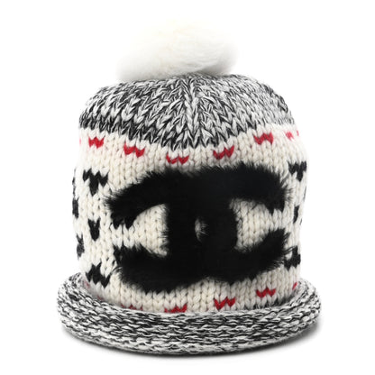 Chanel Wool Shearling CC Beanie Hat Ivory Black Red 7 of 7