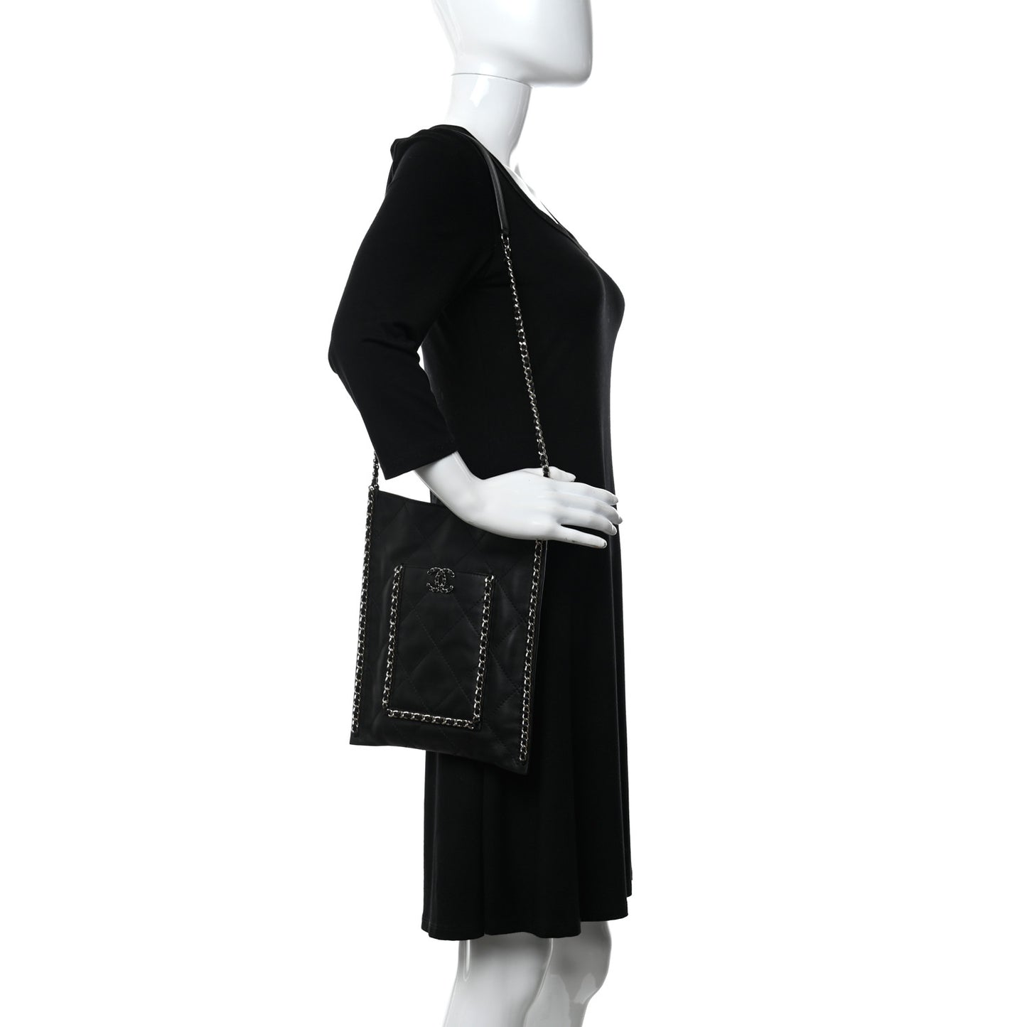 Calfskin Quilted Small Chain Flat Tote Black