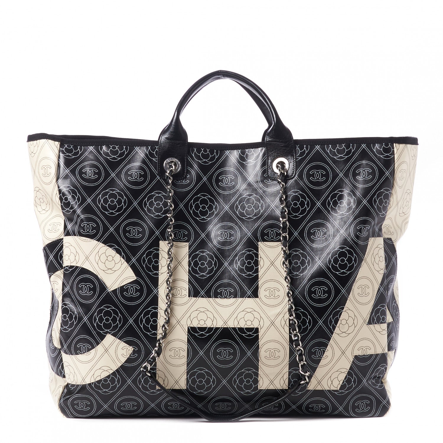 Chanel Coated Canvas Camellia Large Shopping Tote Black Beige 1 of 9