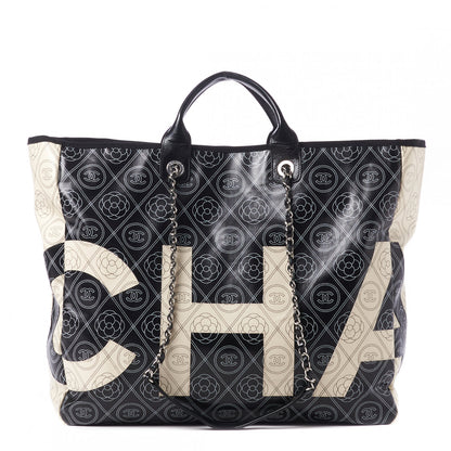 Chanel Coated Canvas Camellia Large Shopping Tote Black Beige 1 of 9