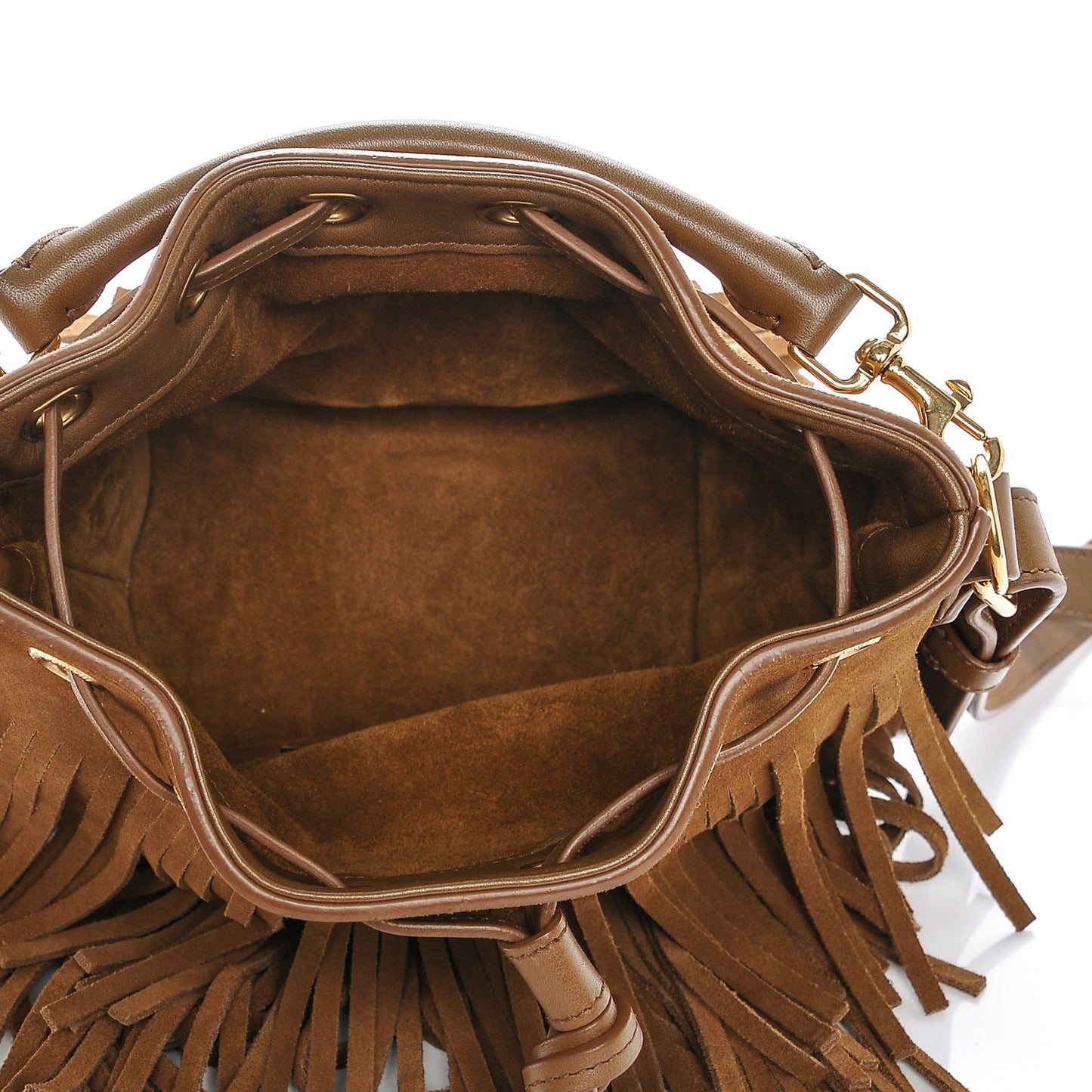 Suede Calfskin Small Emmanuelle Fringe Bucket Bag Light Ocre