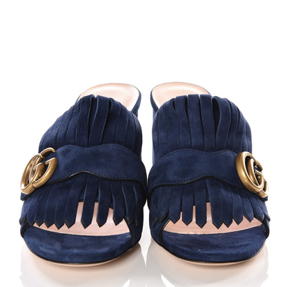 Gucci Kid Scamosciato GG Marmont Fringe 75mm Slide Sandals 37.5 Blue Ink 3 of 11
