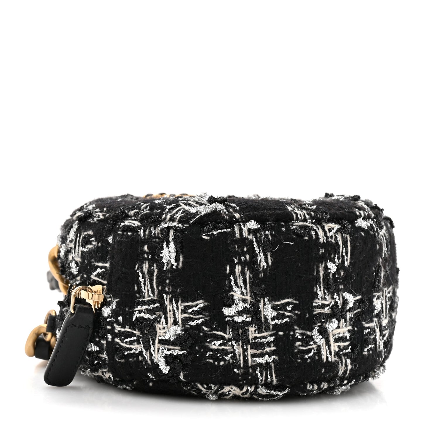 Tweed Quilted 19 Round Clutch With Chain Black White